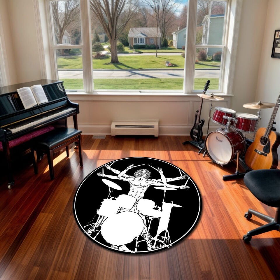 Vitruvian Drummer Round Rug – Artistic Music Room Carpet