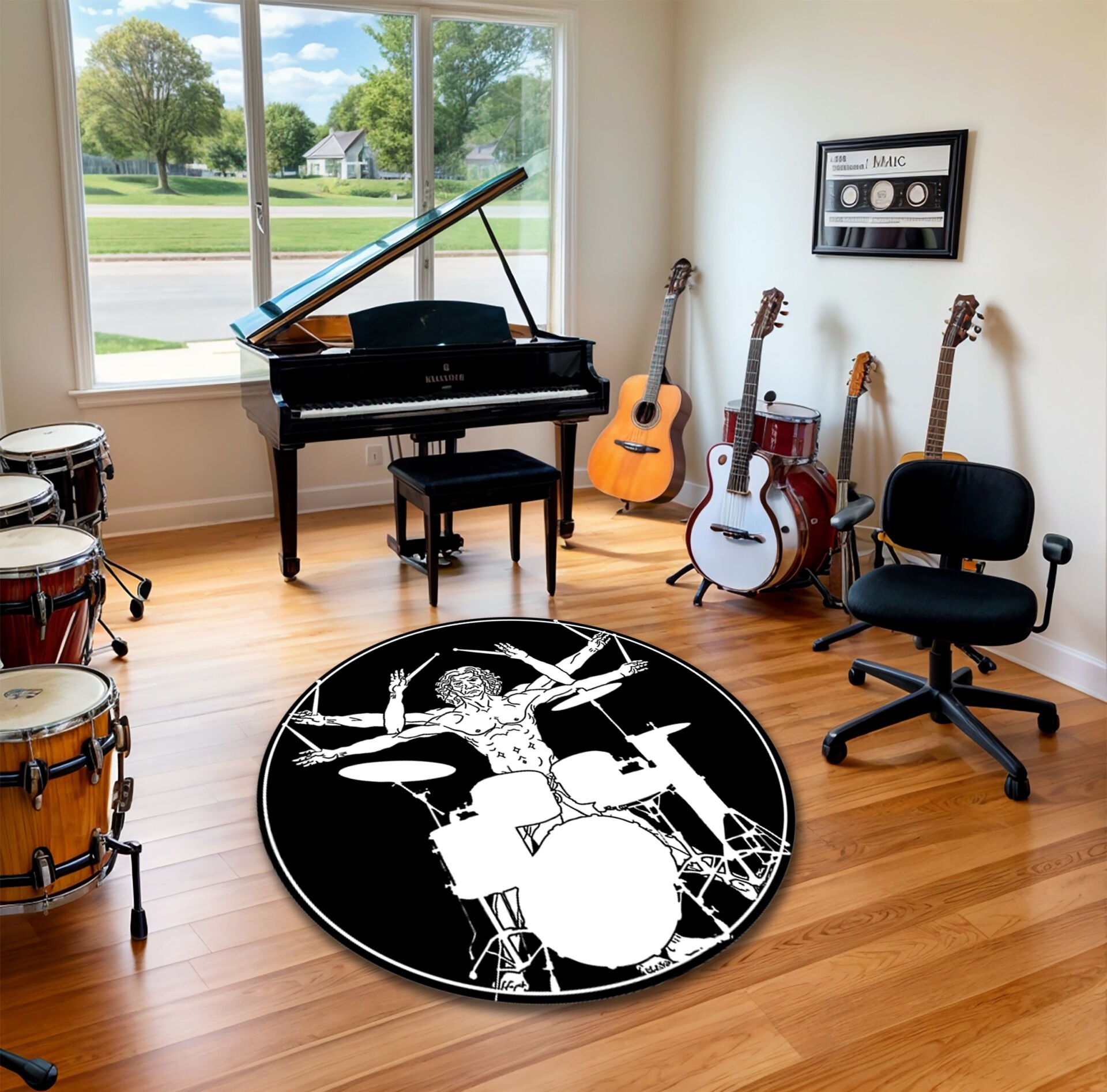 Vitruvian Drummer Round Rug – Artistic Music Room Carpet