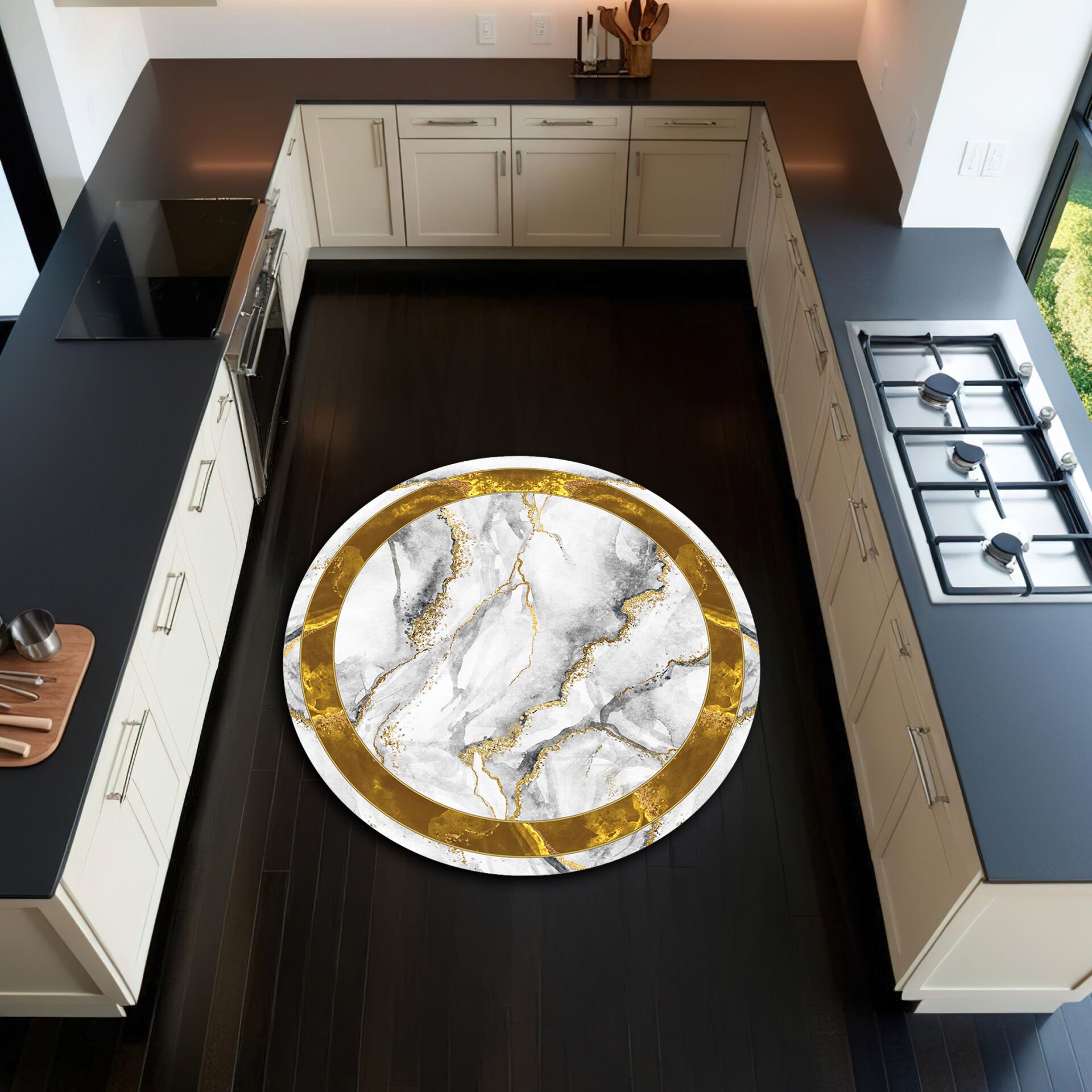 Marble Effect Round Kitchen Rug – White, Grey & Gold Elegant Design