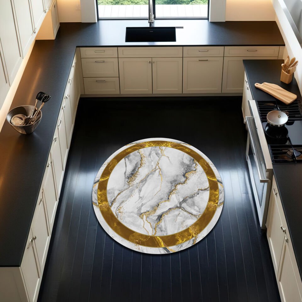 Marble Effect Round Kitchen Rug – White, Grey & Gold Elegant Design