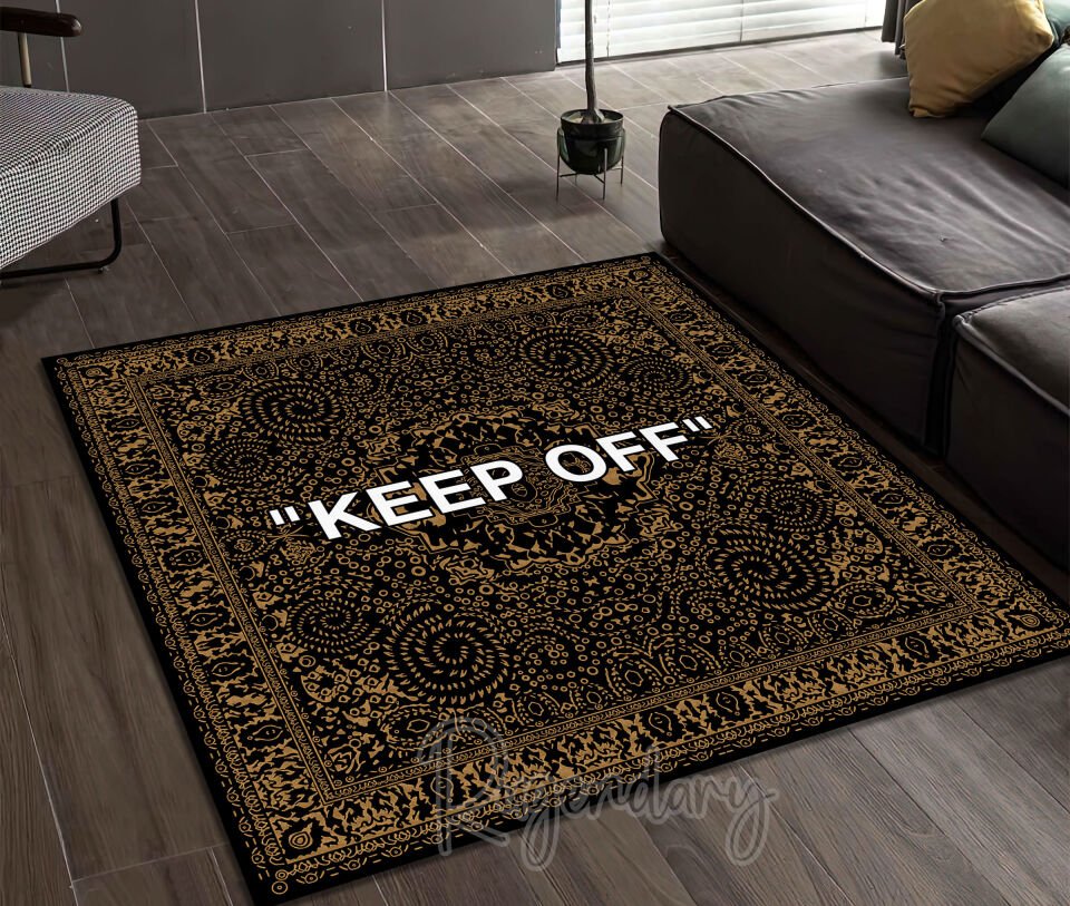 Black & Gold Square Rug with White “KEEP OFF” Text – Bold Modern Statement Carpet