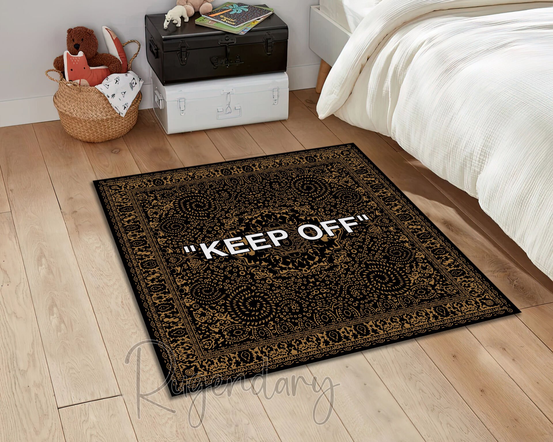 Black & Gold Square Rug with White “KEEP OFF” Text – Bold Modern Statement Carpet