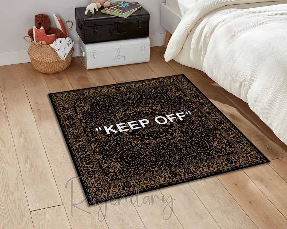 Black & Gold Square Rug with White “KEEP OFF” Text – Bold Modern Statement Carpet