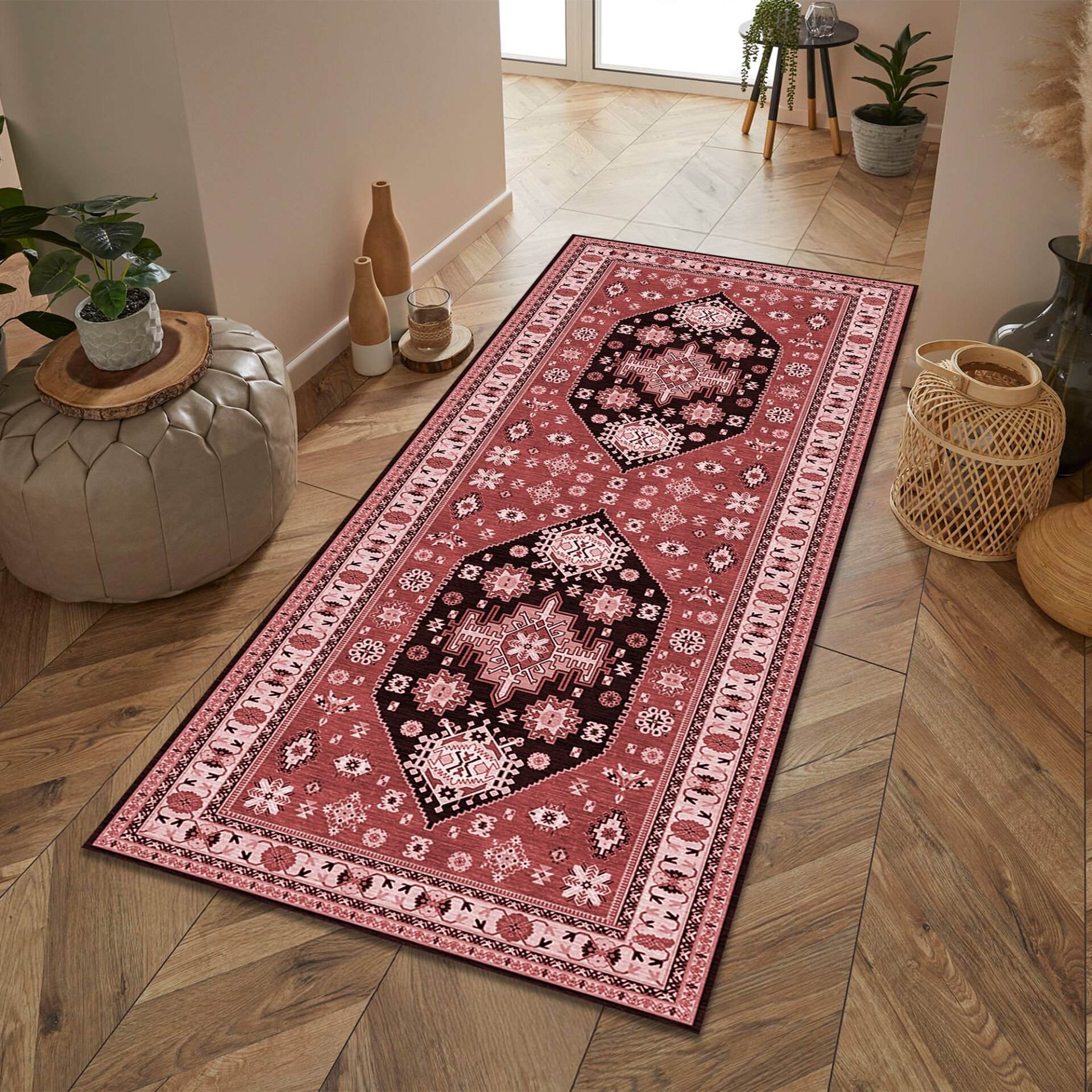 Ethnic Patterned Boho Style Runner Rug in Burgundy and Dark Red Tones