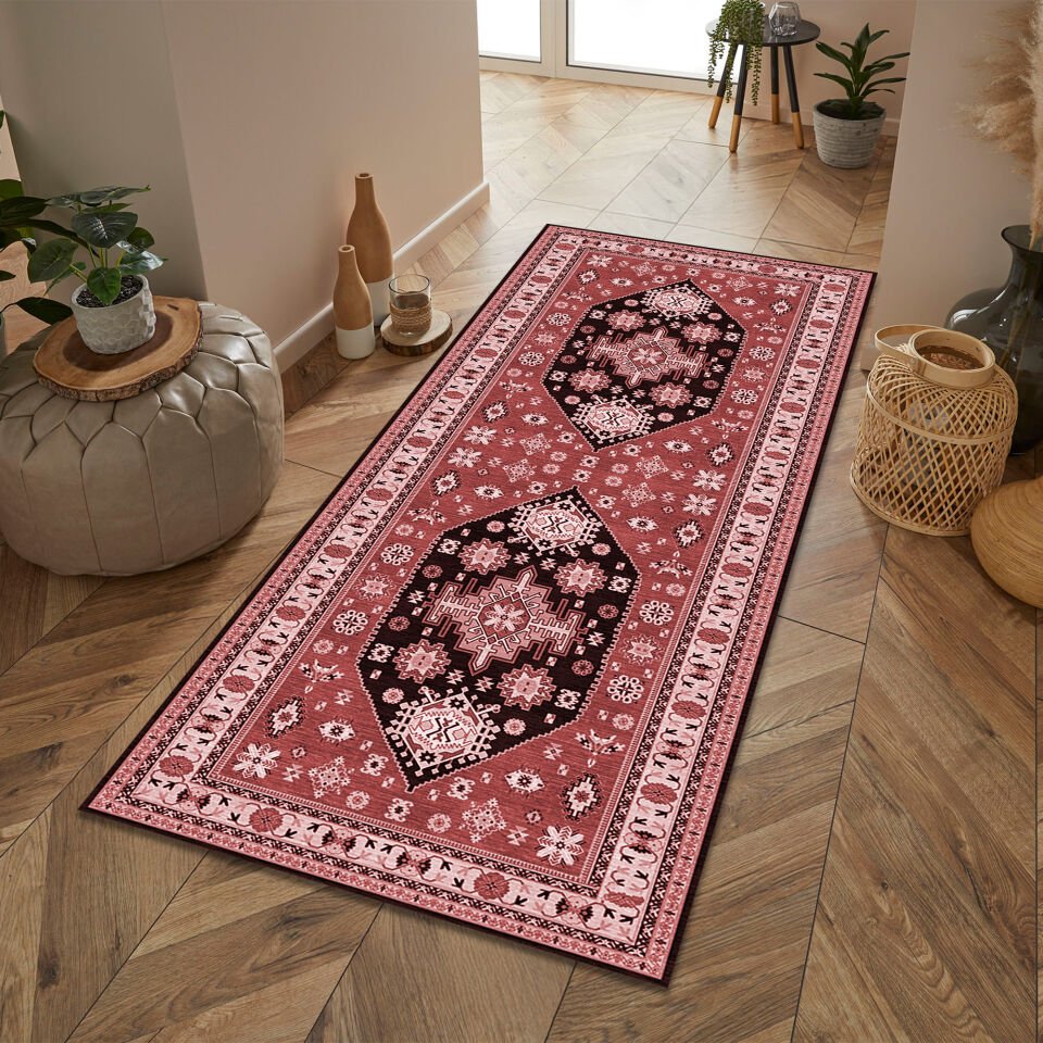 Ethnic Patterned Boho Style Runner Rug in Burgundy and Dark Red Tones