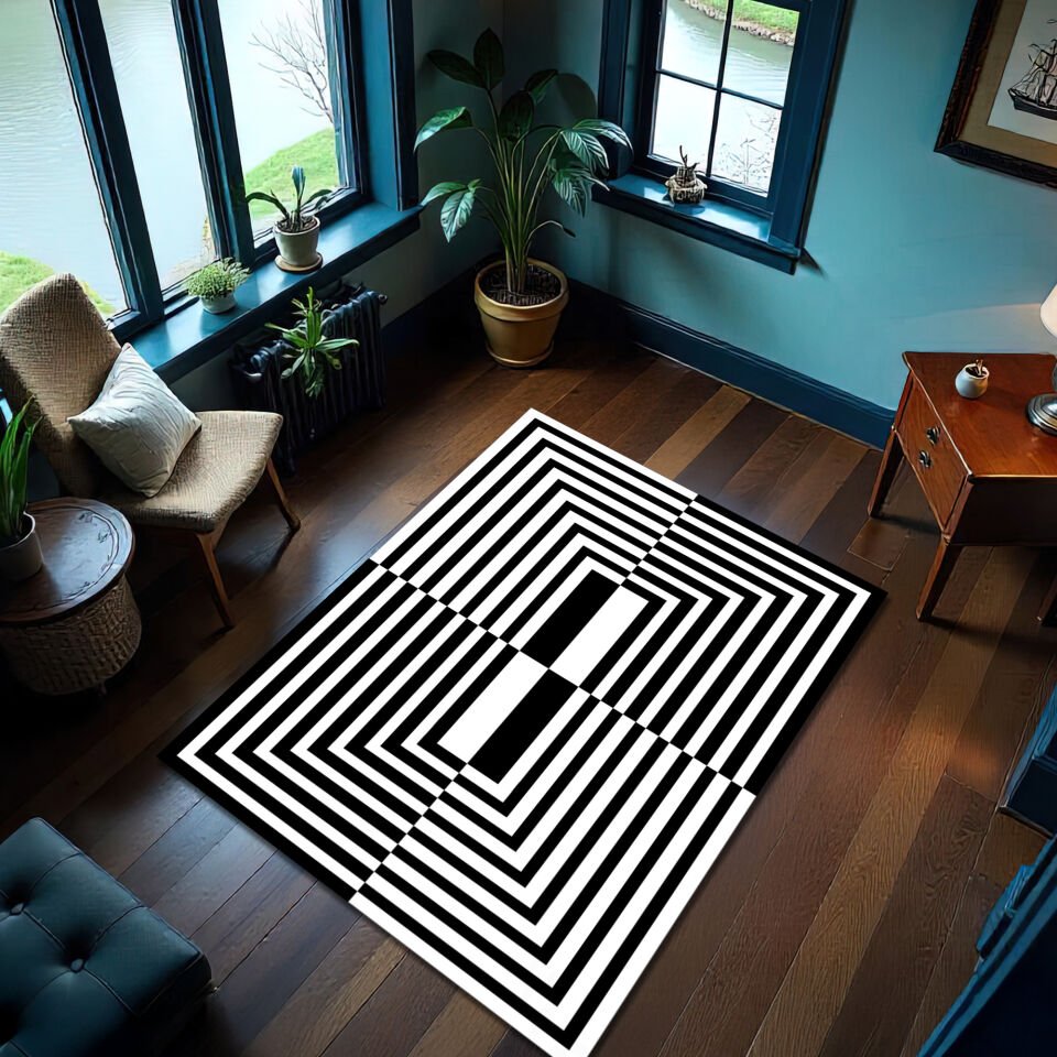 3D Optical Illusion Rug – Black and White Rectangular Pattern