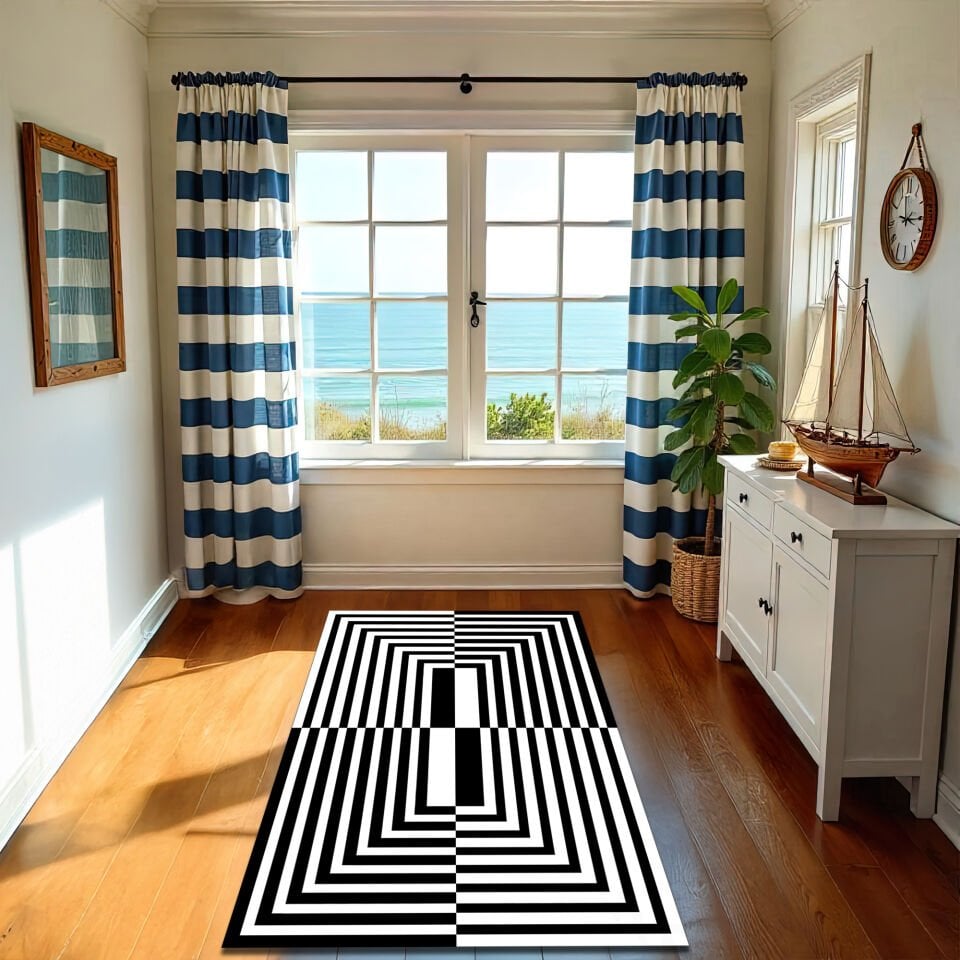 3D Optical Illusion Rug – Black and White Rectangular Pattern