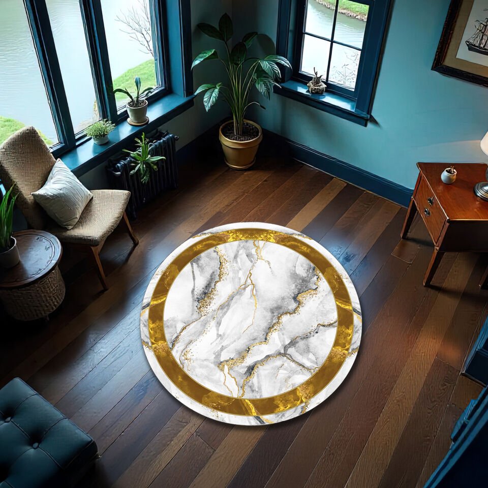 Round Marble and Gold Accent Rug – Luxurious Modern Floor Decor