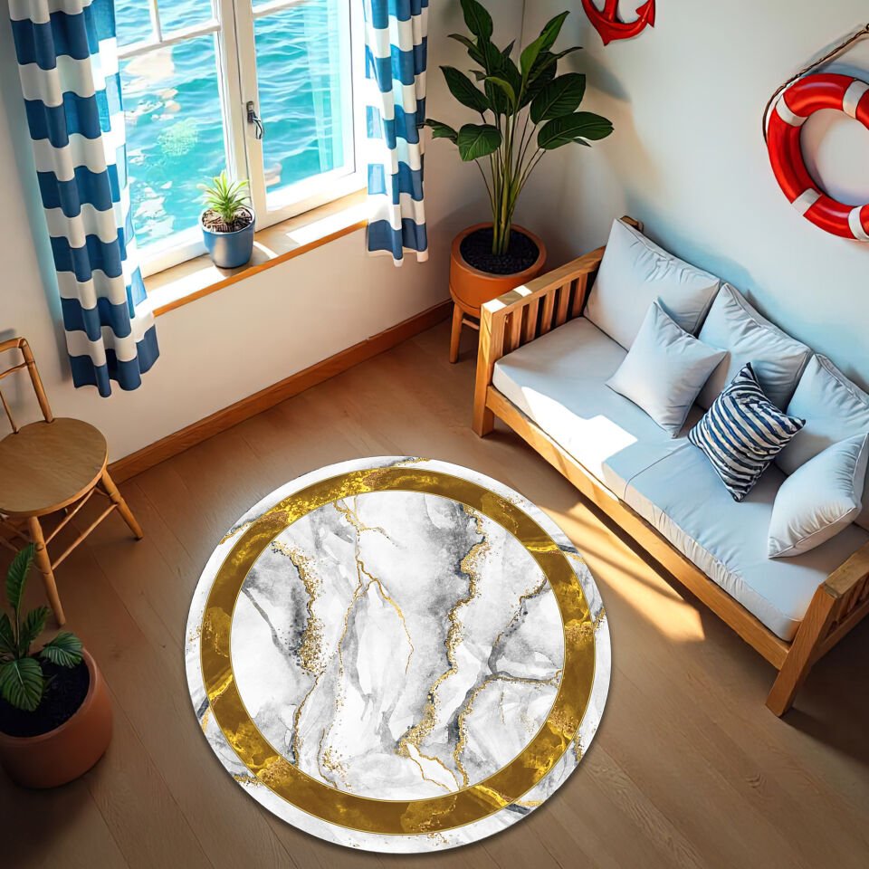 Round Marble and Gold Accent Rug – Luxurious Modern Floor Decor