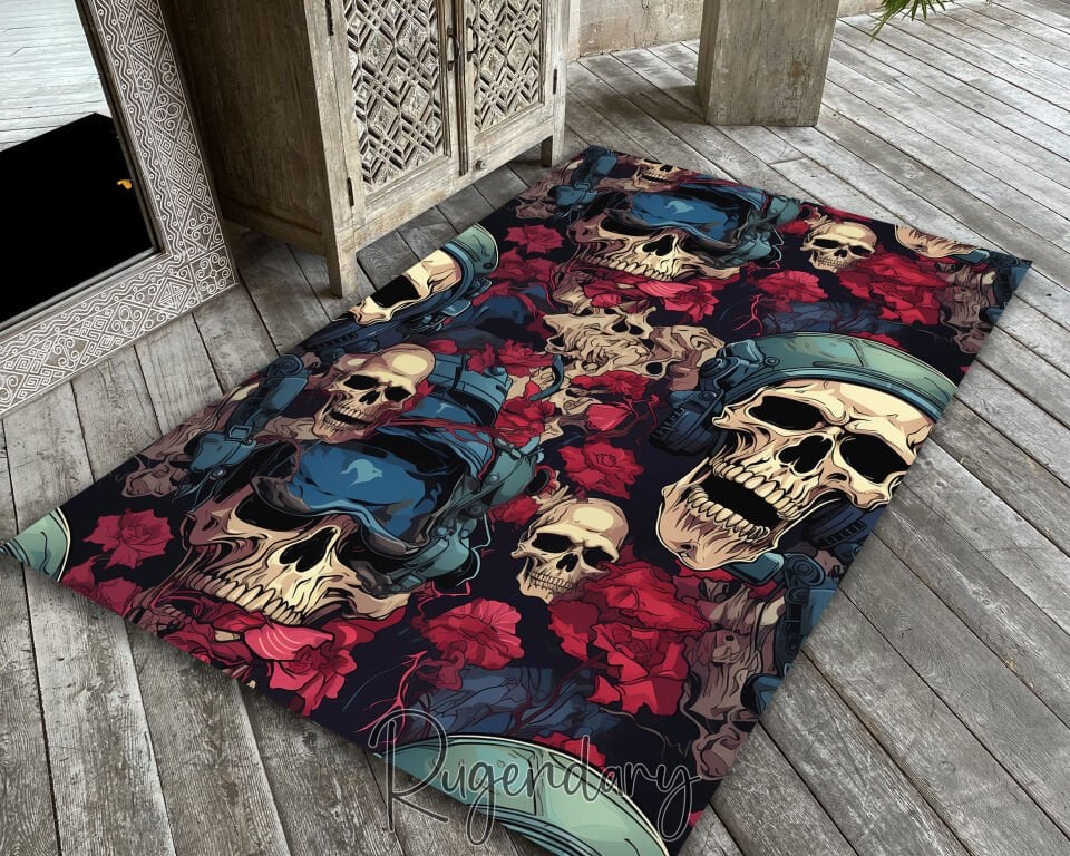 Gothic Skull Rug with Red Roses – Dark Aesthetic Carpet with Skulls & Headphones