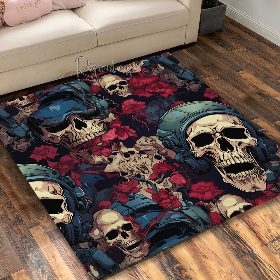 Gothic Skull Rug with Red Roses – Dark Aesthetic Carpet with Skulls & Headphones