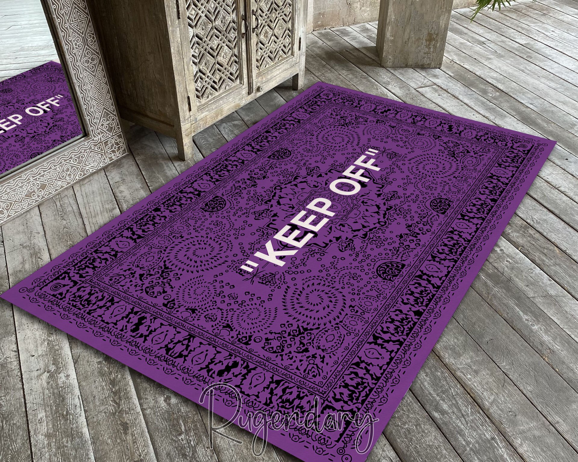 Purple Area Rug with “KEEP OFF” Quote – Modern Statement Carpet for Living Room & Home