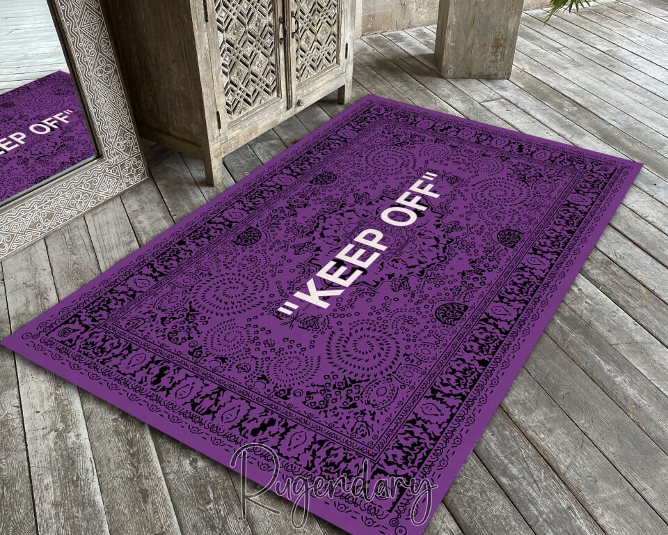 Purple Area Rug with “KEEP OFF” Quote – Modern Statement Carpet for Living Room & Home