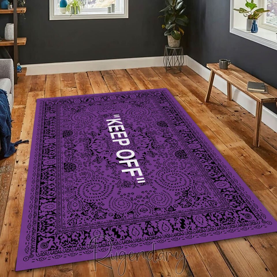 Purple Area Rug with “KEEP OFF” Quote – Modern Statement Carpet for Living Room & Home