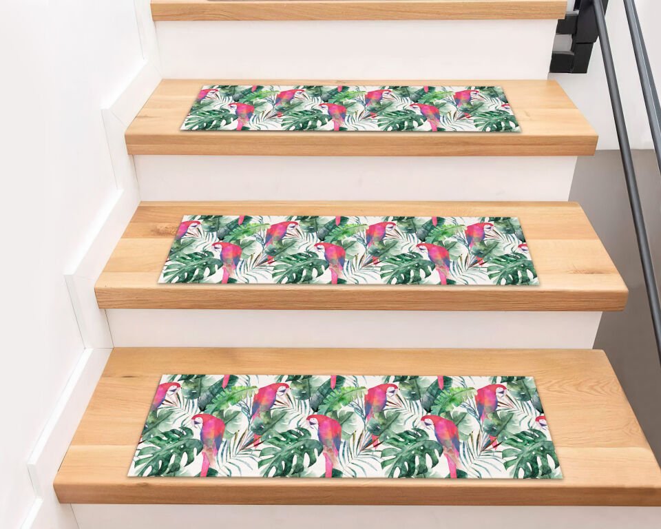 Tropical Parrot & Greenery Stair Treads – Vibrant Pink and Green Botanical Design