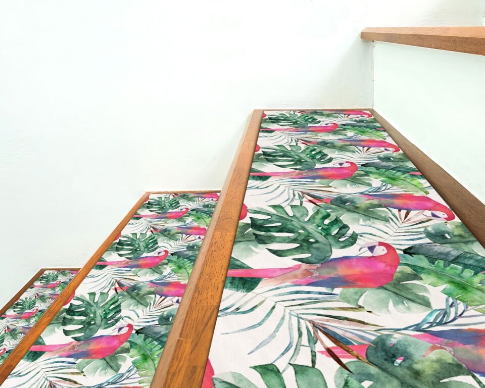 Tropical Parrot & Greenery Stair Treads – Vibrant Pink and Green Botanical Design