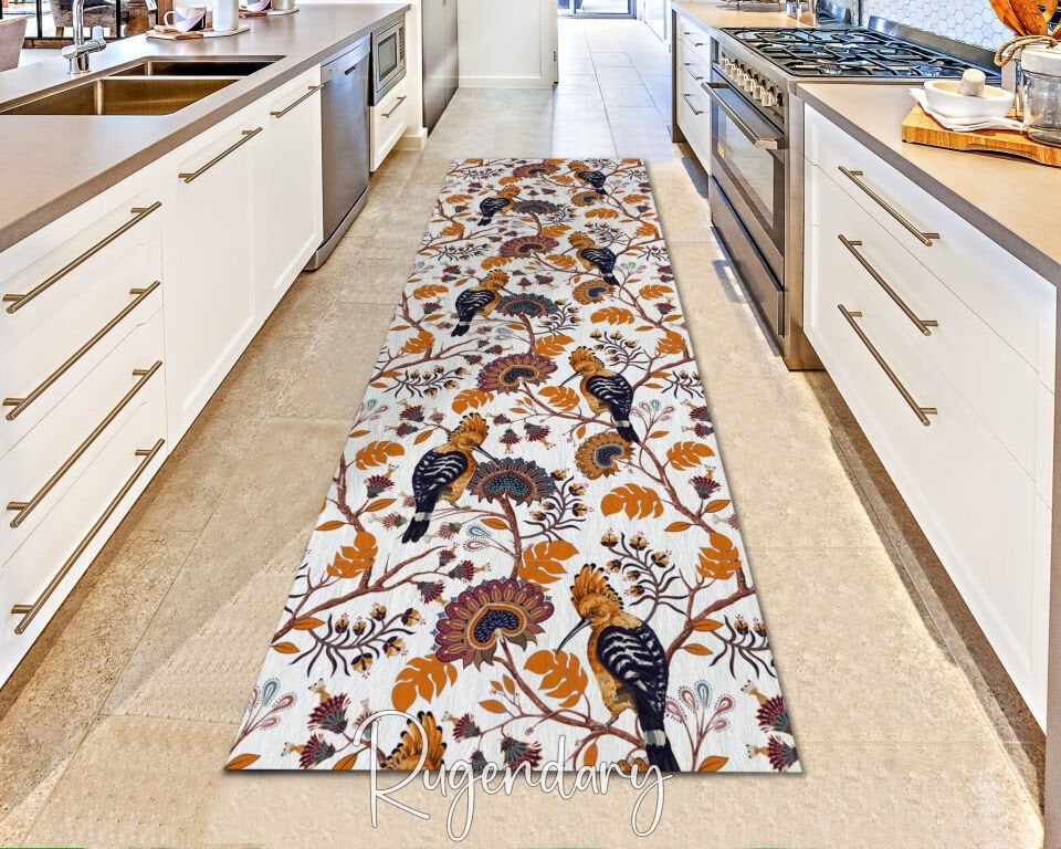 Vintage Bird & Floral Runner Rug – Washable Hallway Carpet