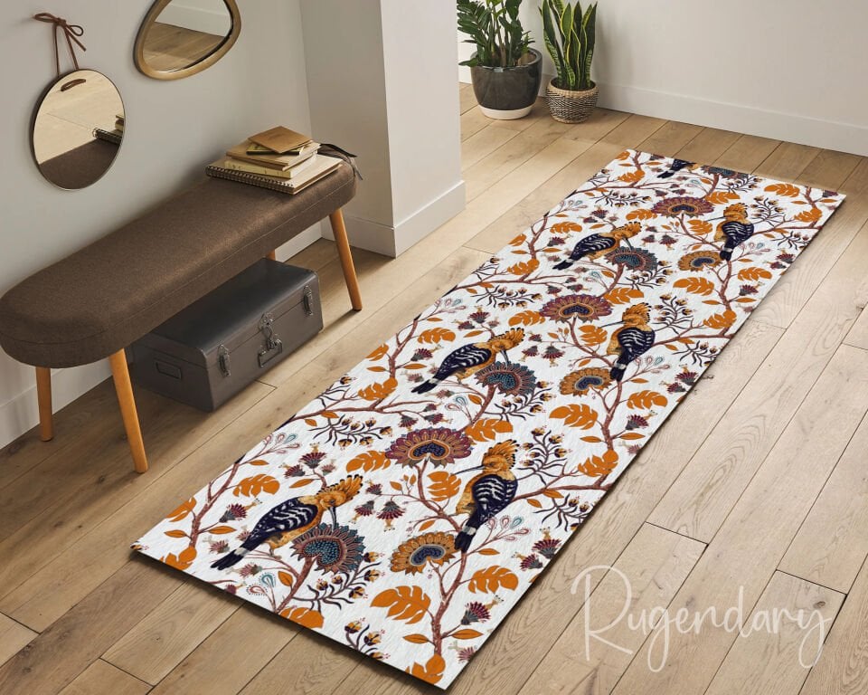 Vintage Bird & Floral Runner Rug – Washable Hallway Carpet