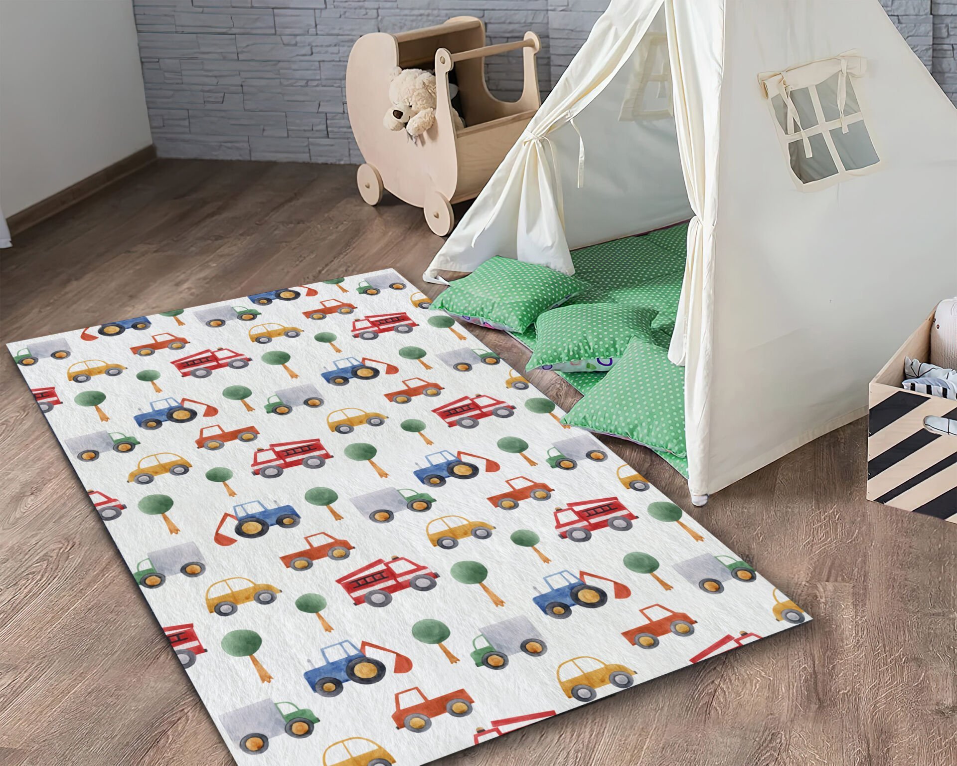 Kids Room Rug with Cars & Trucks Design – Playful Vehicle Themed Carpet