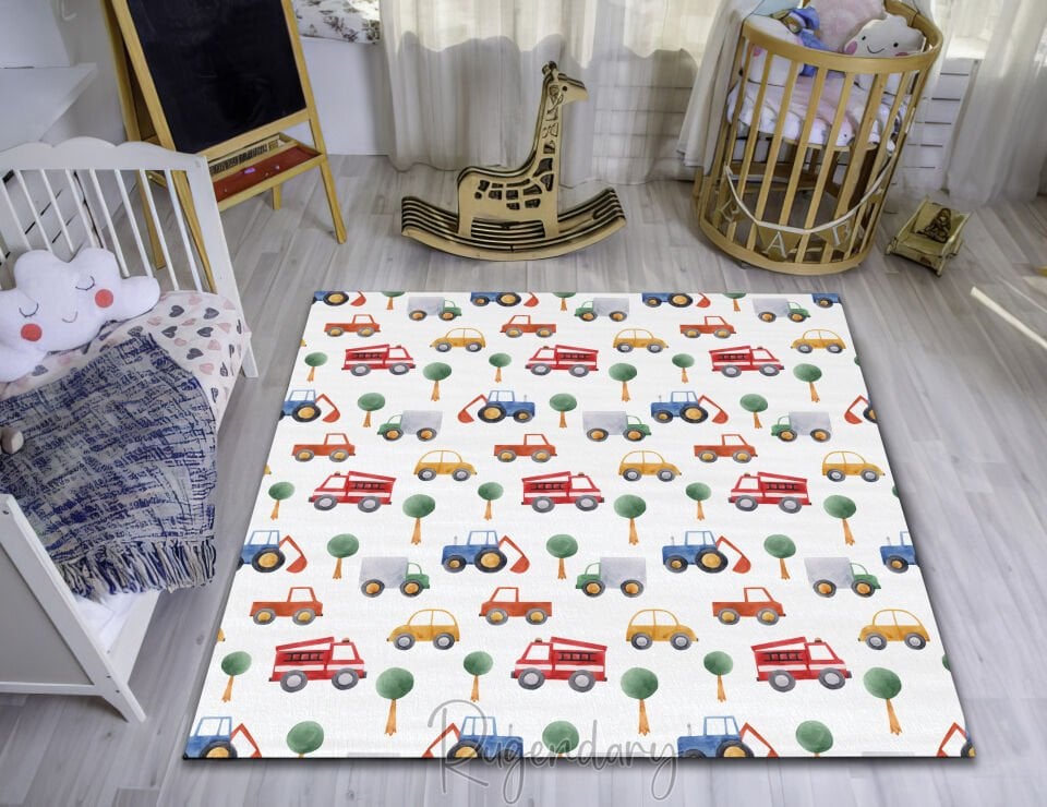 Kids Room Rug with Cars & Trucks Design – Playful Vehicle Themed Carpet