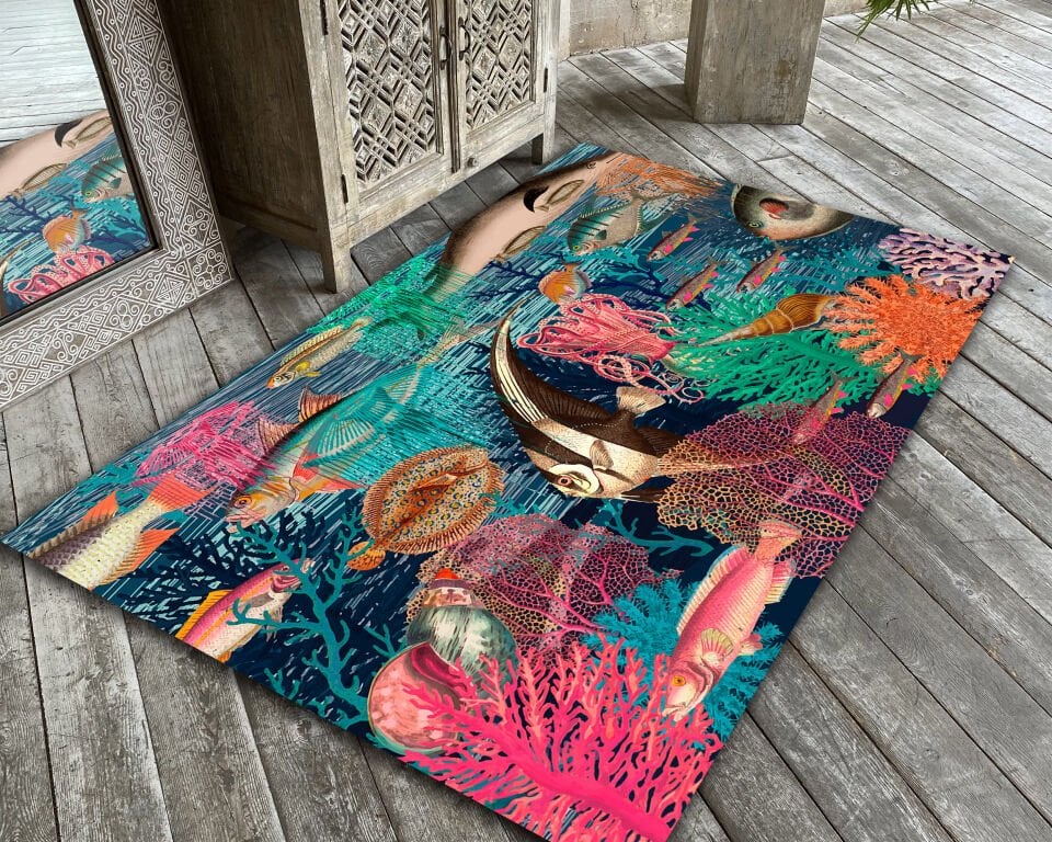 Underwater Sea Life Rug Ocean Animal Carpet Colorful Marine Art Area Rug Whimsical Sea Creatures Decor