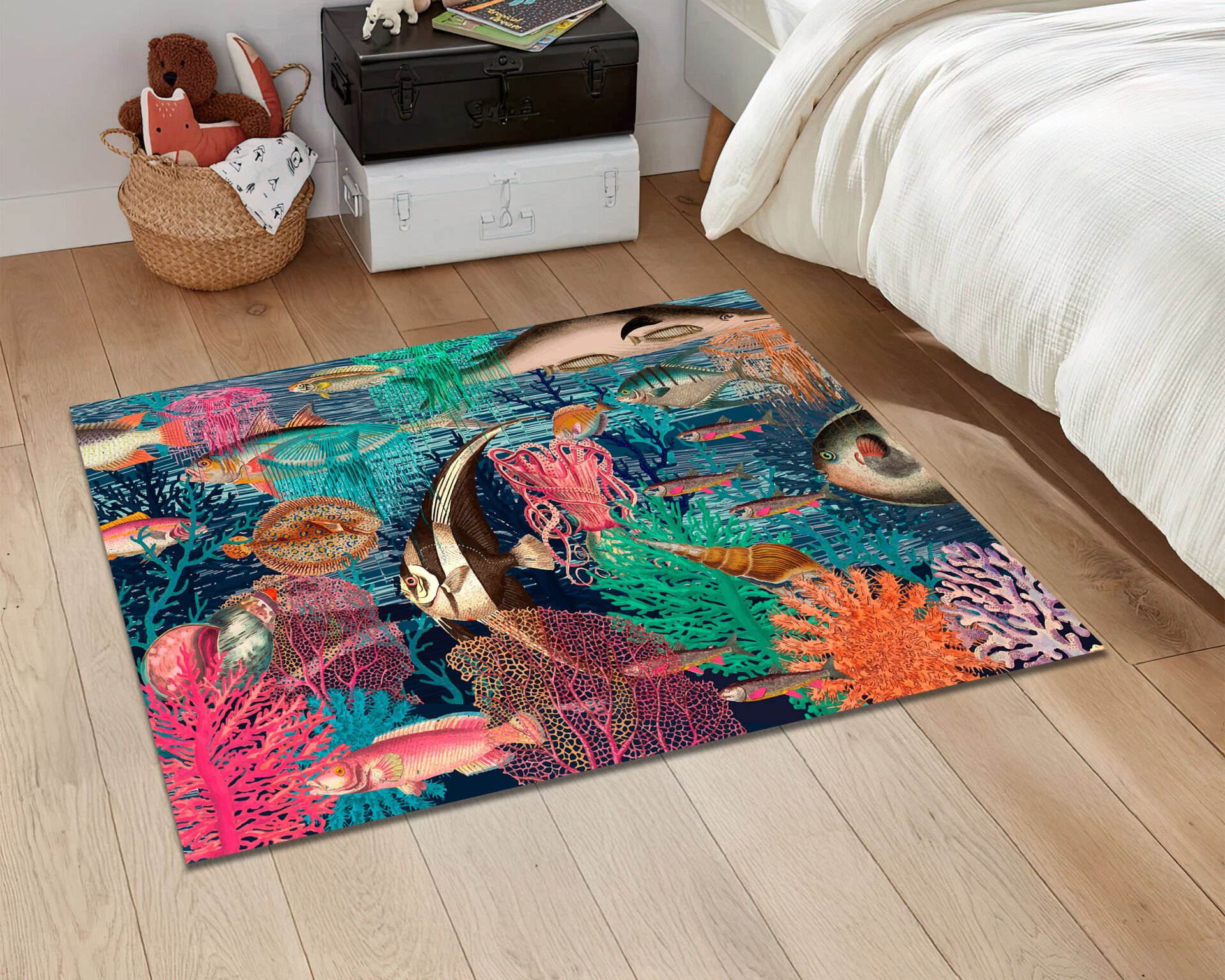 Underwater Sea Life Rug Ocean Animal Carpet Colorful Marine Art Area Rug Whimsical Sea Creatures Decor