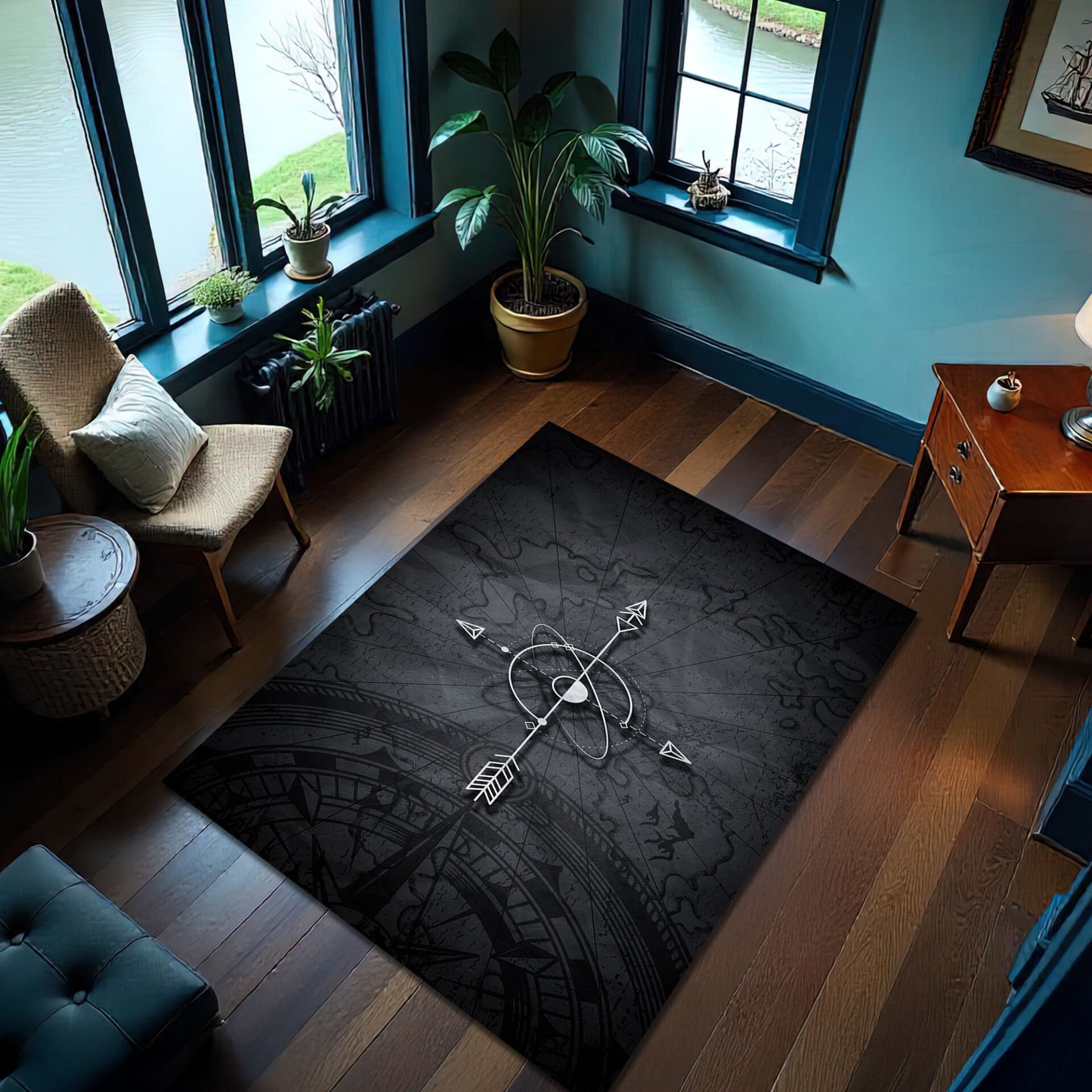 Compass Design Area Rug – Vintage Map Style in Dark Tones