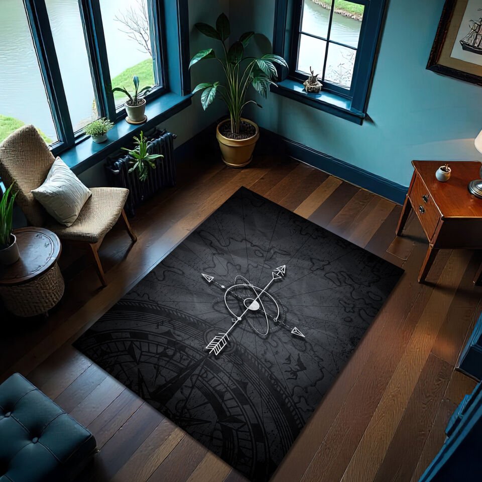 Compass Design Area Rug – Vintage Map Style in Dark Tones