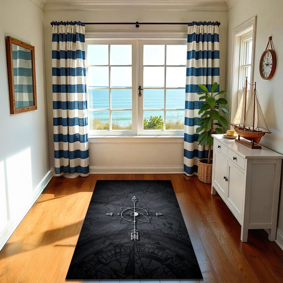 Compass Design Area Rug – Vintage Map Style in Dark Tones