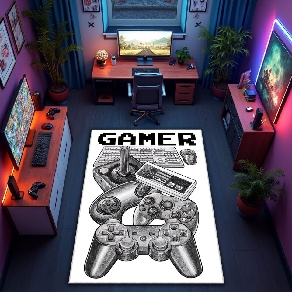 Vintage Gamer Controllers Rug – Classic Game Room Carpet