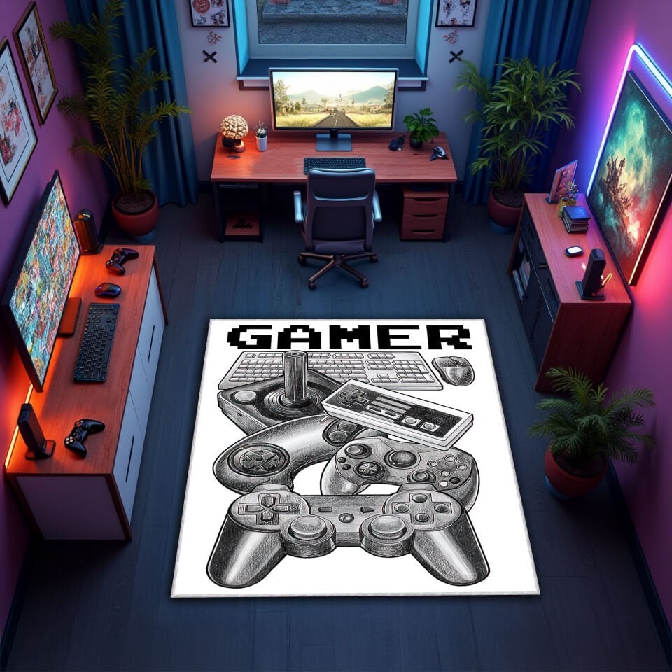 Vintage Gamer Controllers Rug – Classic Game Room Carpet