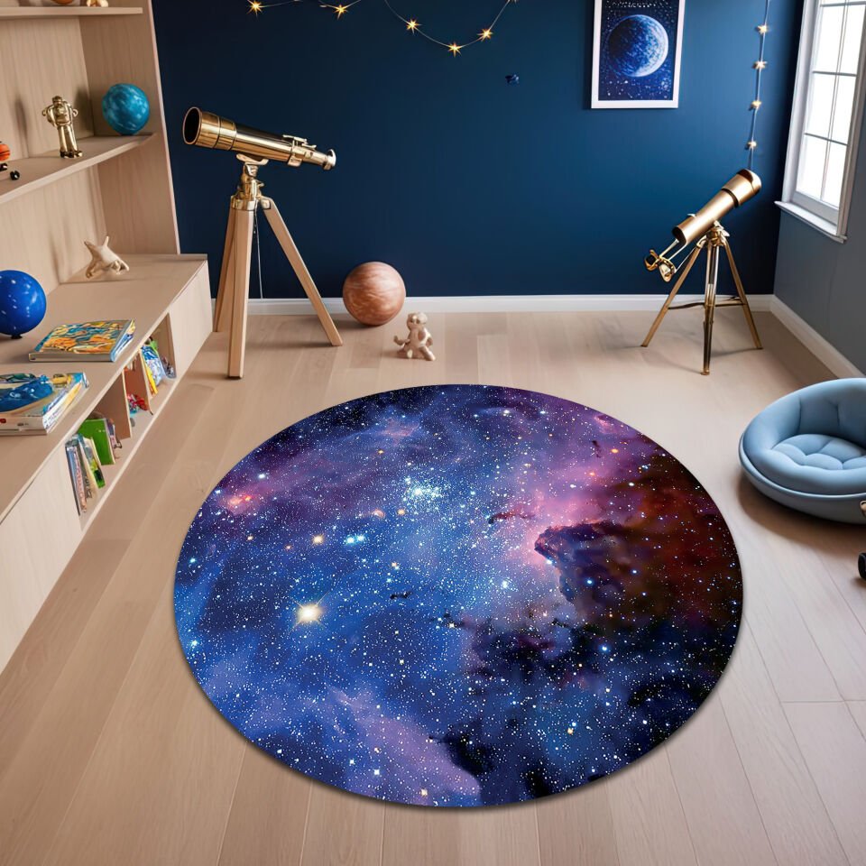 Stellar Nebula Round Kids Rug – Vibrant Galaxy Space Carpet for Kids Room