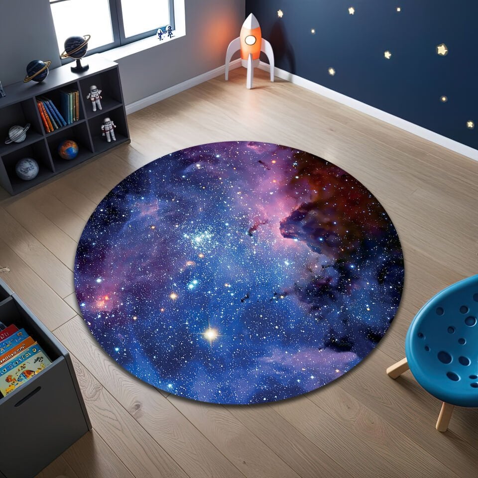 Stellar Nebula Round Kids Rug – Vibrant Galaxy Space Carpet for Kids Room
