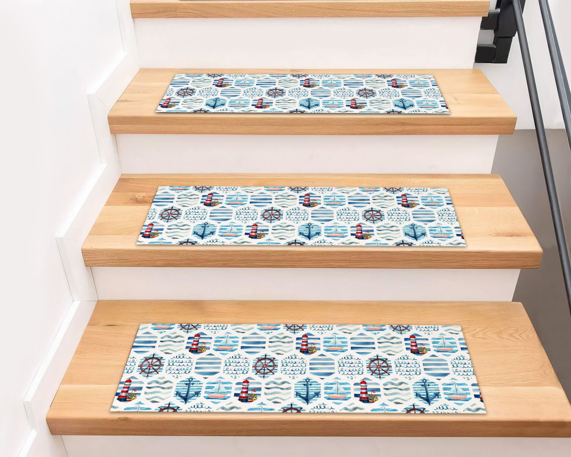 Nautical Theme Stair Treads – Lighthouse & Ocean Design