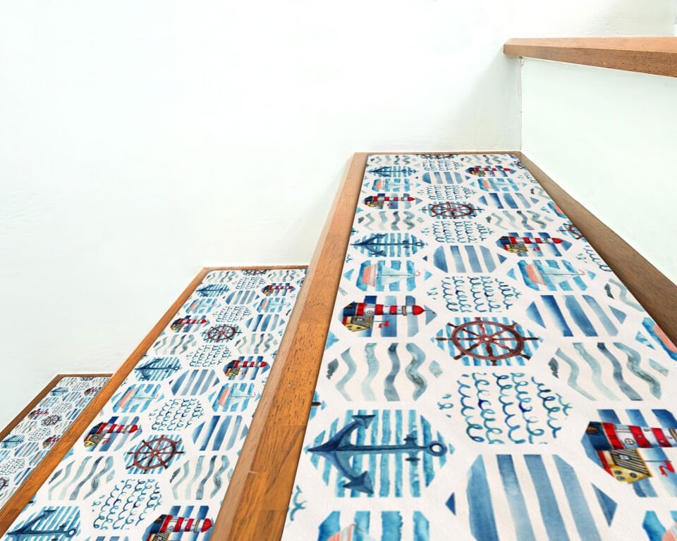 Nautical Theme Stair Treads – Lighthouse & Ocean Design