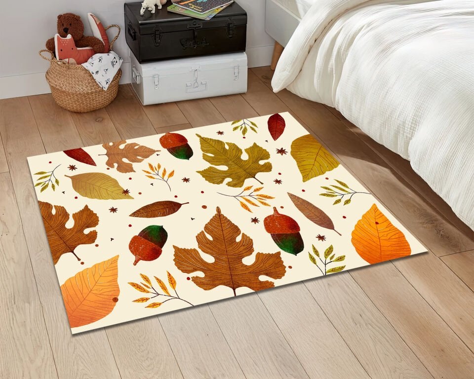 Autumn Leaves Rug Rustic Fall Carpet with Dry Leaves and Hazelnuts Cozy Seasonal Home Decor