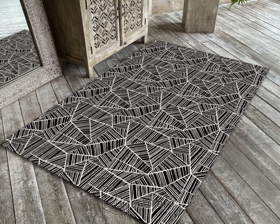 Modern Black & White Abstract Geometric Area Rug