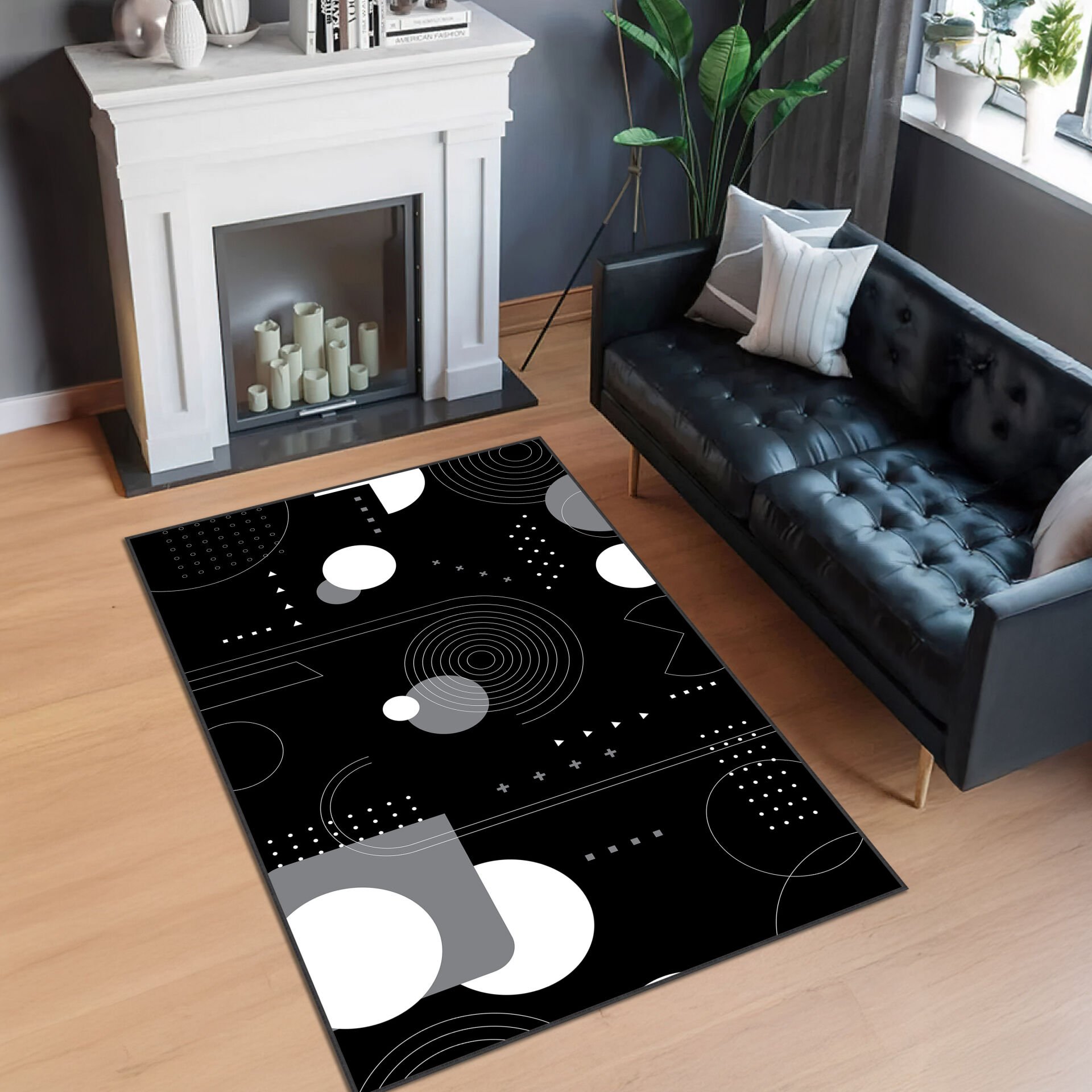 Black Abstract Area Rug Modern Minimal Design Carpet