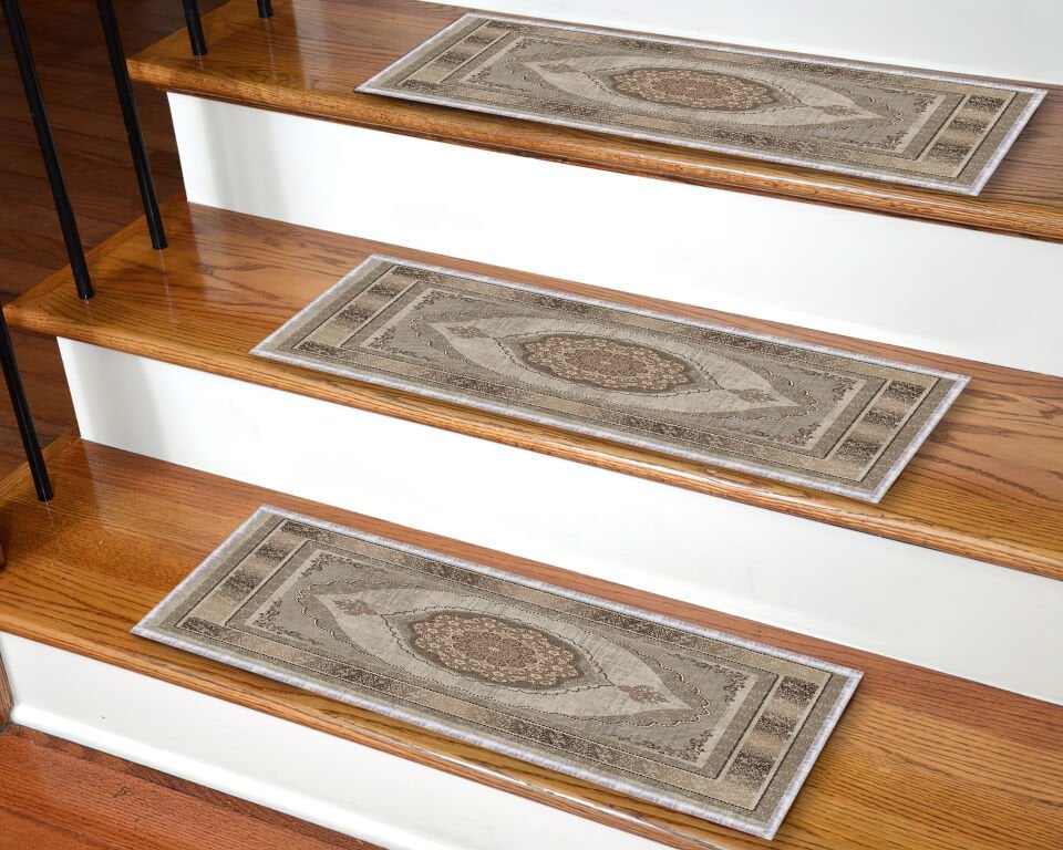 Beige Traditional Medallion Stair Treads – Non-Slip Carpet Mats for Wooden Steps