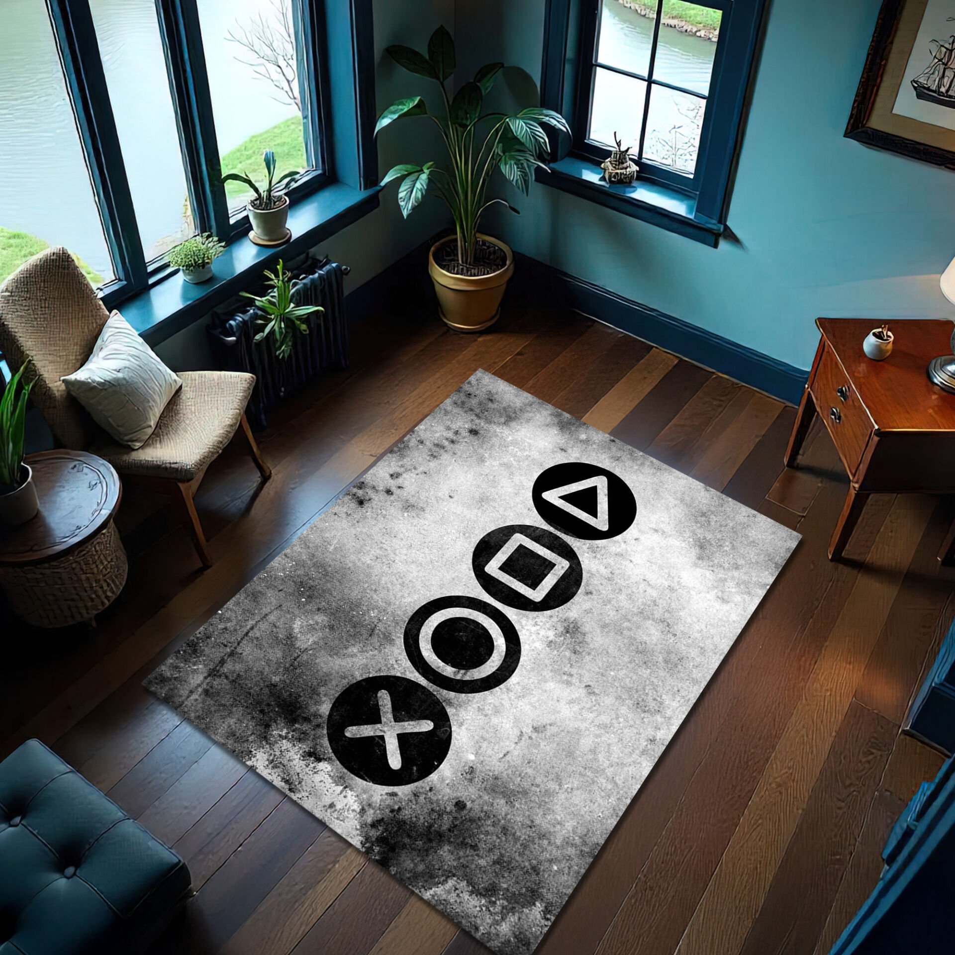 Gamer Rug with Controller Button Symbols – Modern Gaming Room Carpet