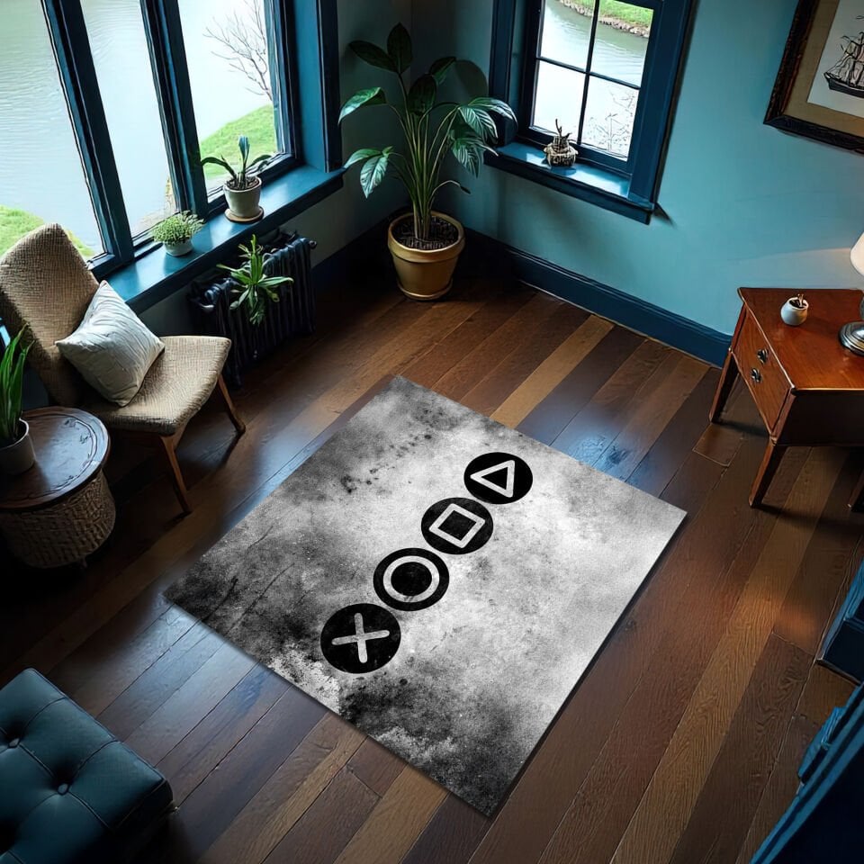 Gamer Rug with Controller Button Symbols – Modern Gaming Room Carpet