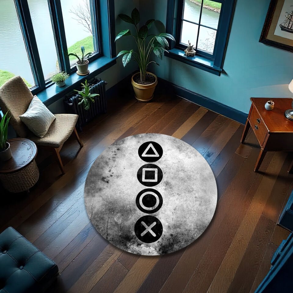 Gamer Rug with Controller Button Symbols – Modern Gaming Room Carpet