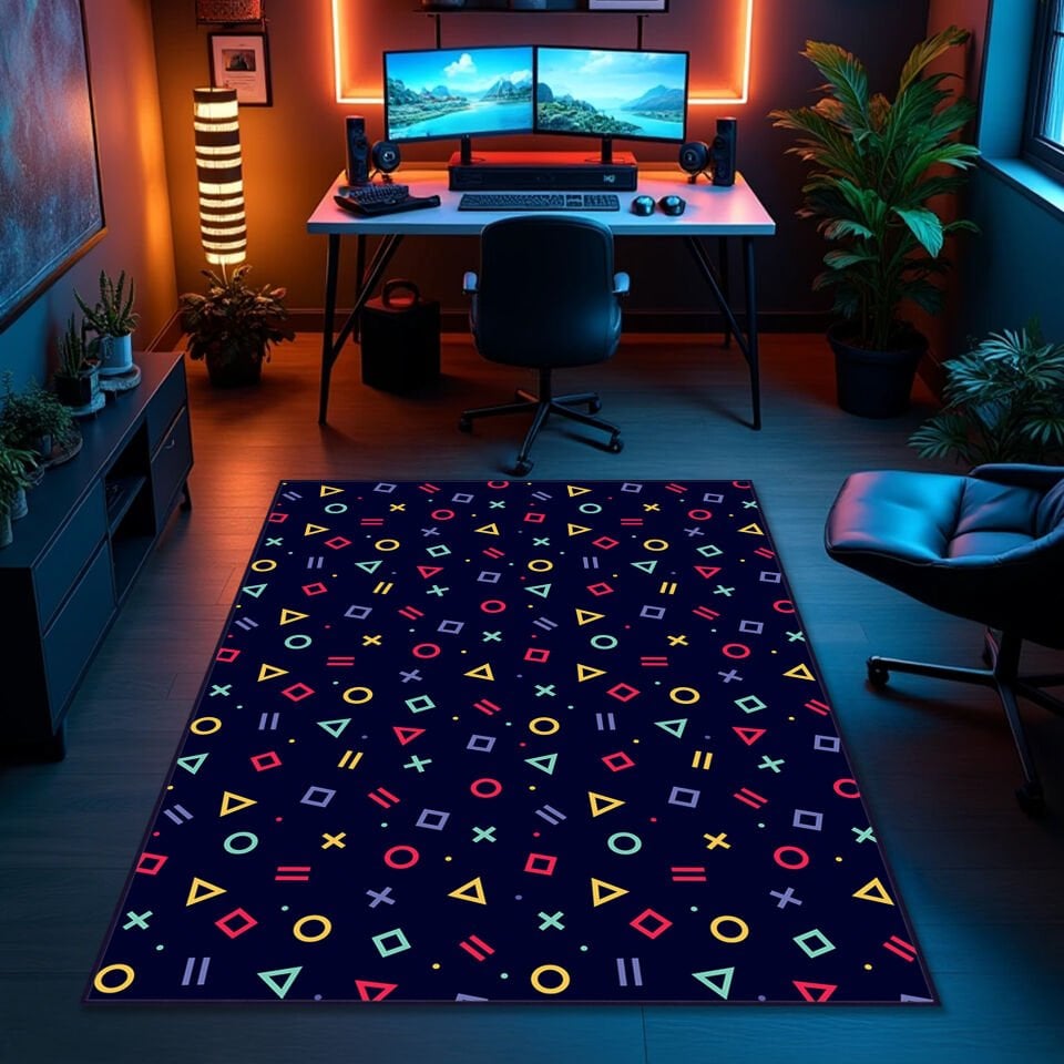 Neon Geometric Gamer Rug – Stylish PlayStation Inspired Carpet for Game Rooms and Entertainment Spaces