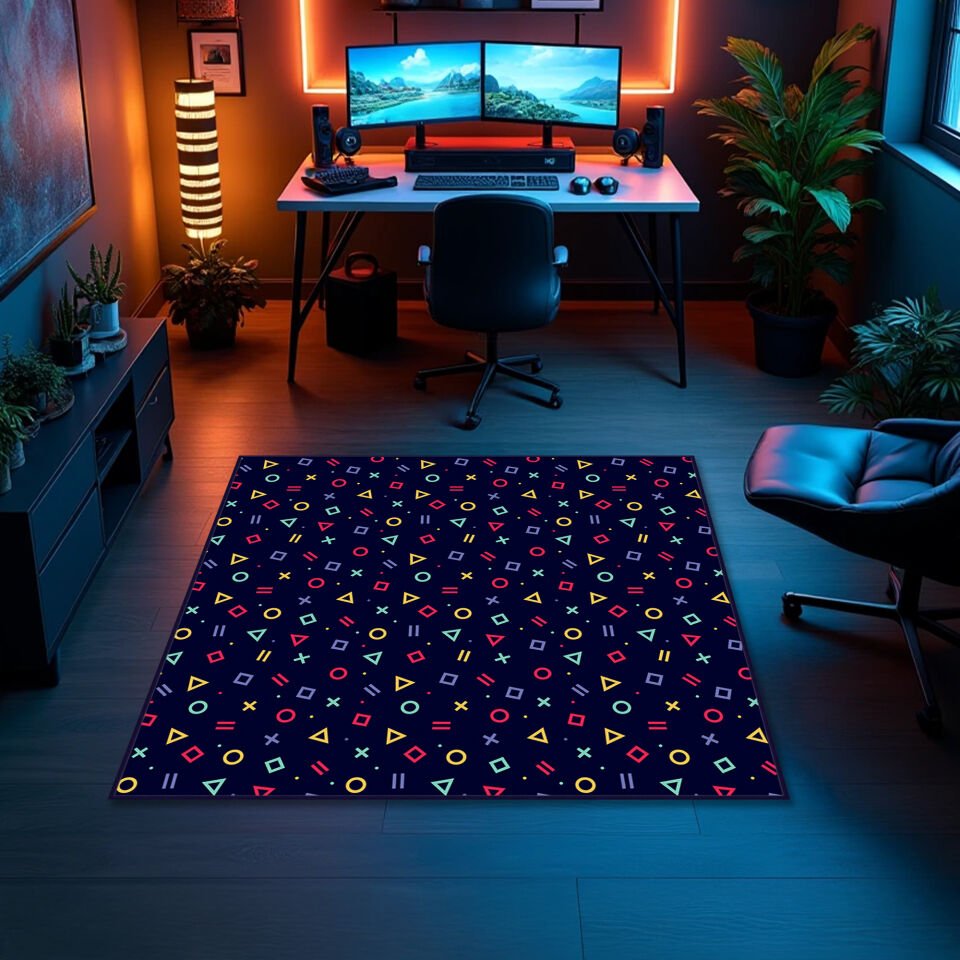 Neon Geometric Gamer Rug – Stylish PlayStation Inspired Carpet for Game Rooms and Entertainment Spaces
