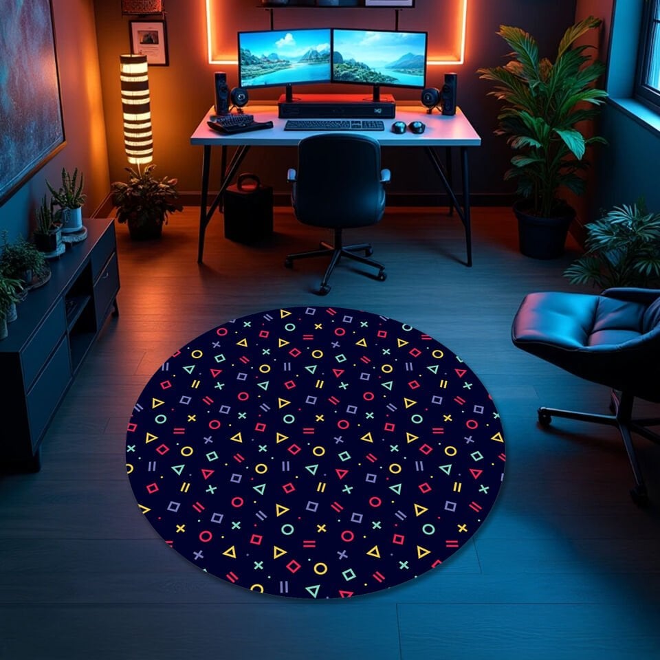 Neon Geometric Gamer Rug – Stylish PlayStation Inspired Carpet for Game Rooms and Entertainment Spaces