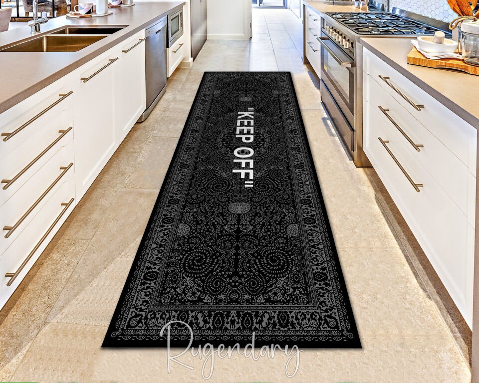 Black Modern Runner Rug with ''KEEP OFF'' Quote – Stylish Hallway & Entryway Carpet