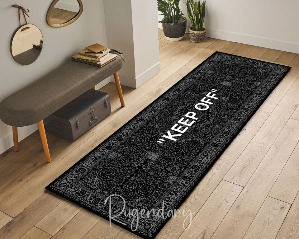 Black Modern Runner Rug with ''KEEP OFF'' Quote – Stylish Hallway & Entryway Carpet